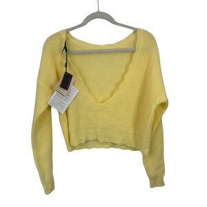 Vanessa Scott Made in Italy Plunge Back Yellow Crop Sweater Women One Size NWT